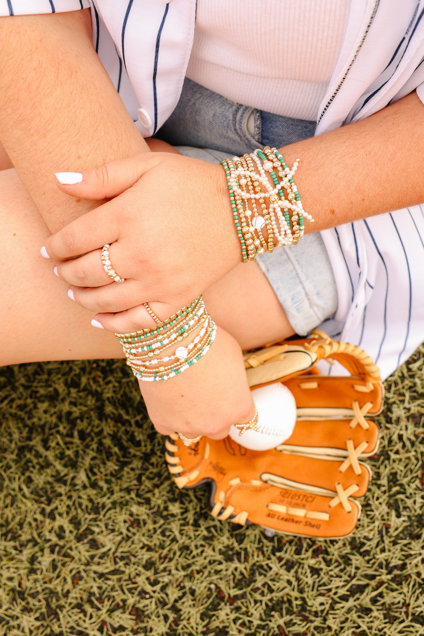 Baseball + Green and White Sprinkle Bracelet + Pearl Bow (Stack of 3)