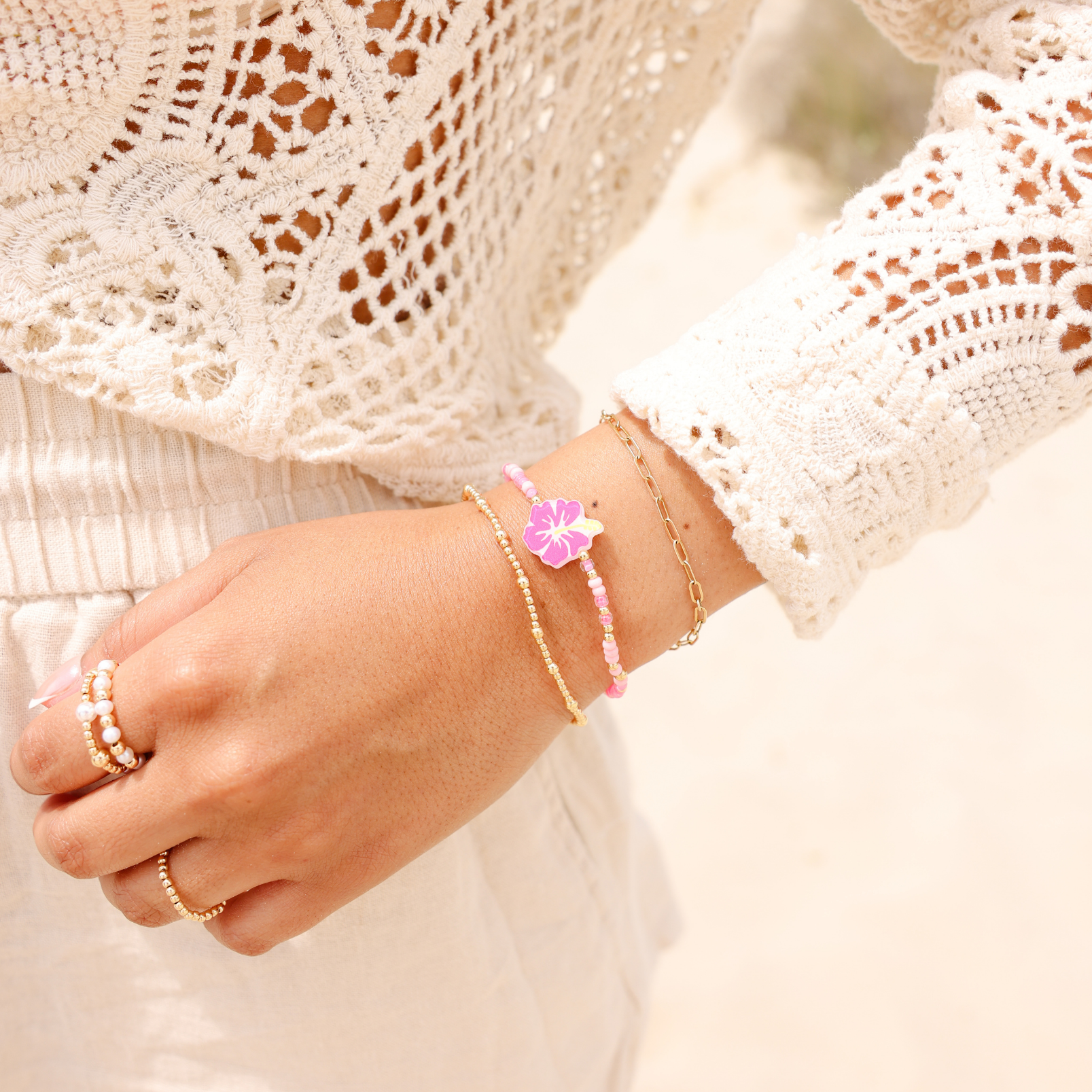 Hawaiian Flower Bracelet + Dainty June Bracelet Stack of 2