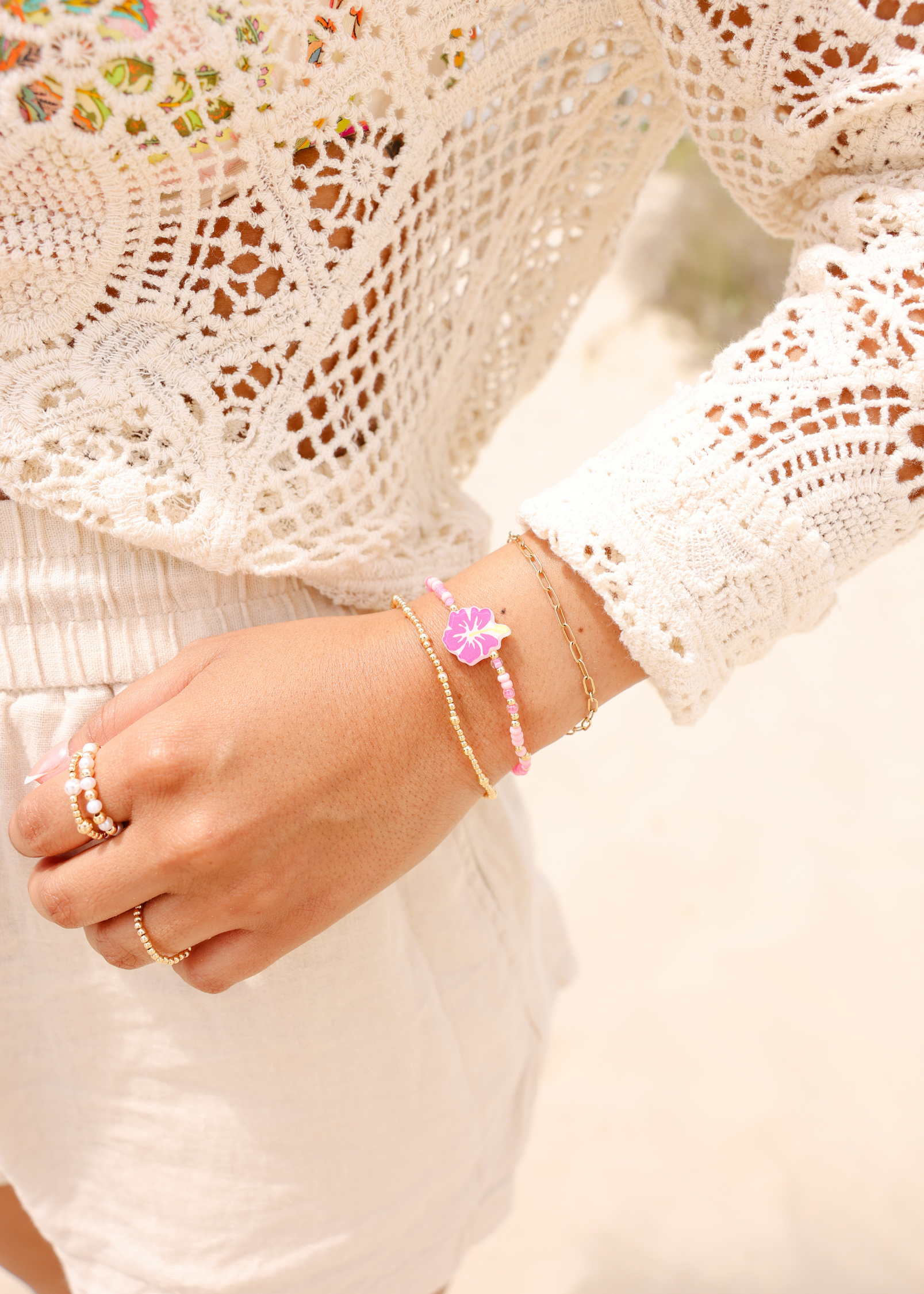 Hawaiian Flower Bracelet + Dainty June Bracelet Stack of 2