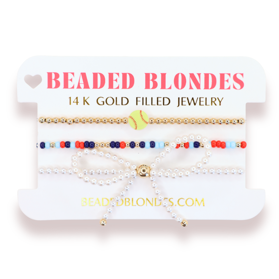 Softball + Bright Red and Blues Sprinkle Bracelet + Pearl Bow (Stack of 3)