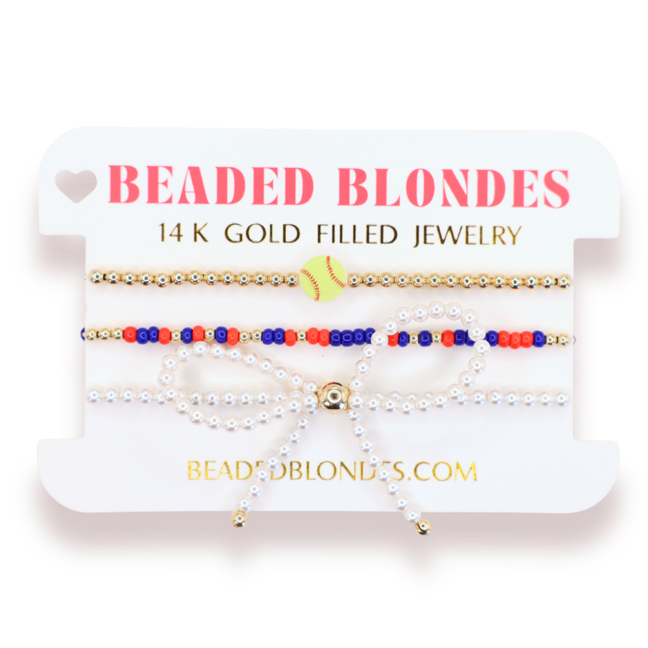 Softball + Bright Red and Cobalt Blue Sprinkle Bracelet + Pearl Bow (Stack of 3)