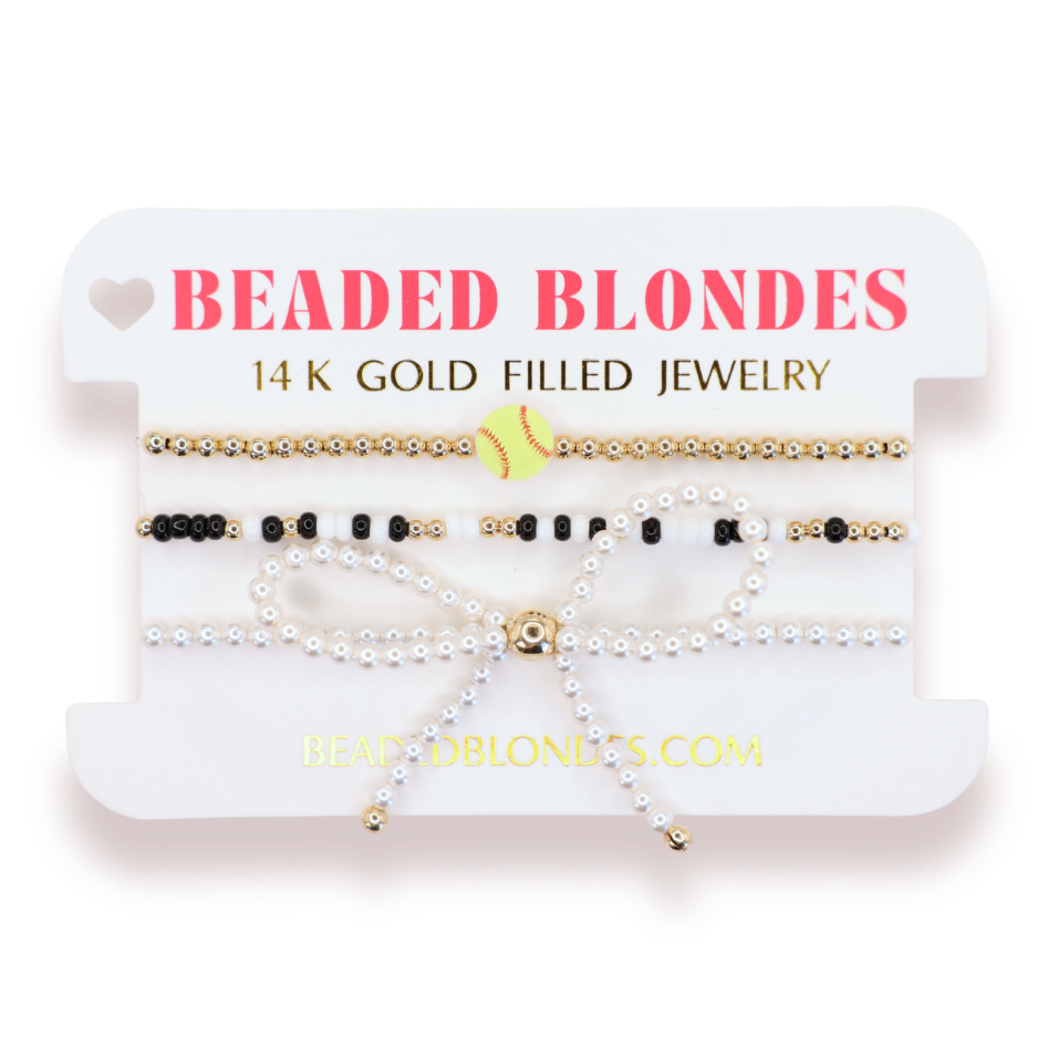 Softball + Black and White Sprinkle Bracelet + Pearl Bow (Stack of 3)