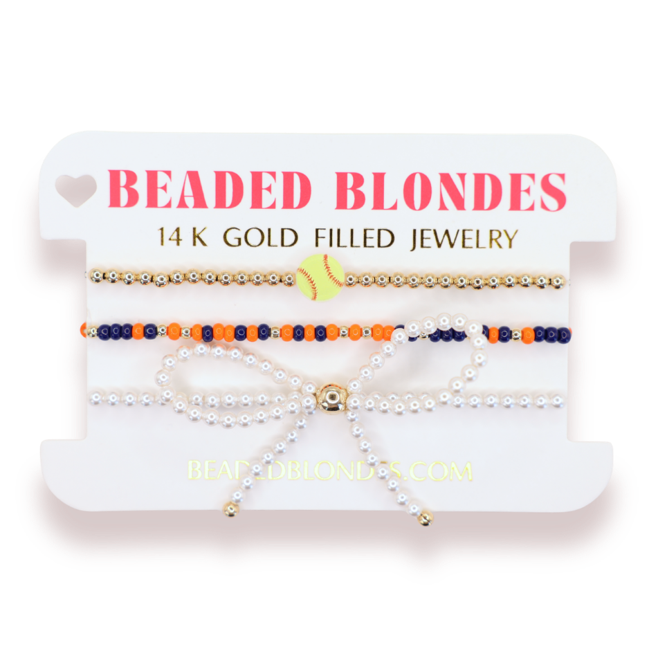 Softball + Navy Blue and Orange Sprinkle Bracelet + Pearl Bow (Stack of 3)