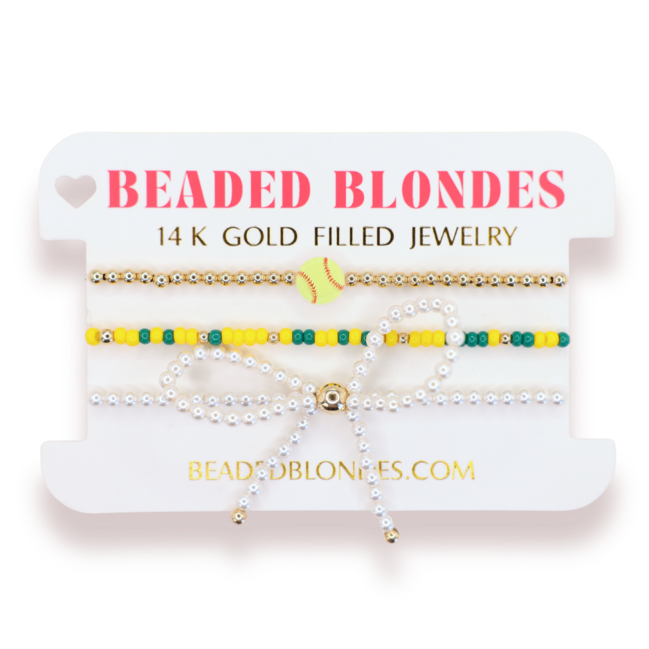 Softball + Green and Yellow Sprinkle Bracelet + Pearl Bow (Stack of 3)