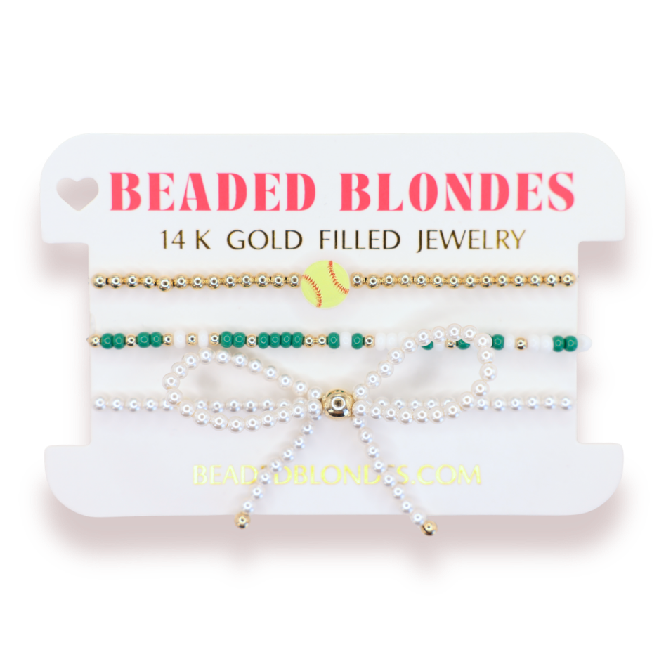 Softball + Green and White Sprinkle Bracelet + Pearl Bow (Stack of 3)