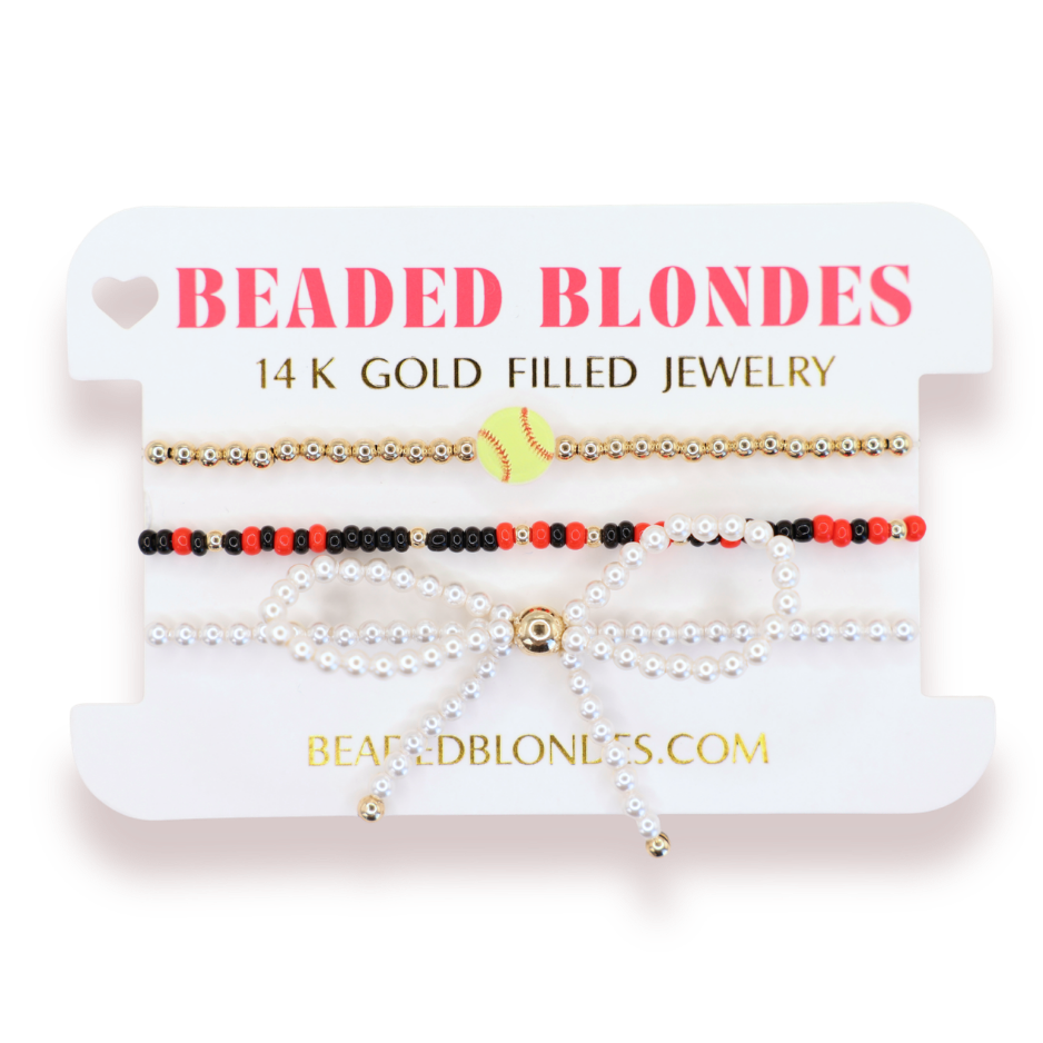 Softball + Bright Red and Black Sprinkle Bracelet + Pearl Bow (Stack of 3)