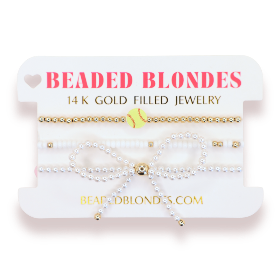 Softball + White Sprinkle Sprinkle  Bracelet + Pearl Bow (Stack of 3)