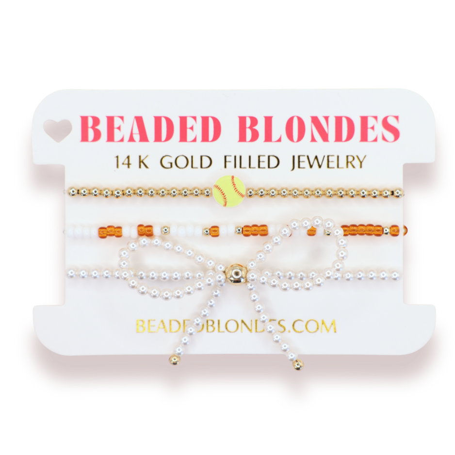 Softball + Burnt orange and White Sprinkle Bracelet + Pearl Bow (Stack of 3)
