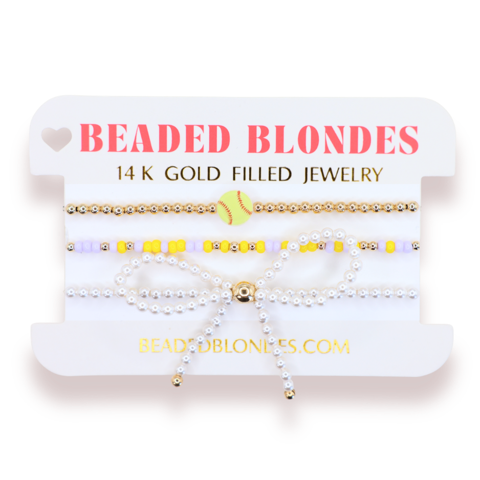 Softball + Lilac and Yellow Sprinkle Bracelet + Pearl Bow (Stack of 3)