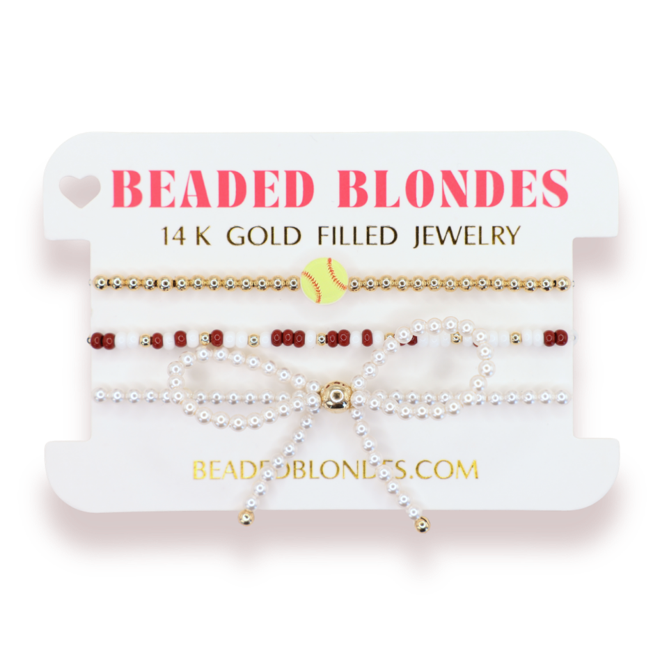 Softball + Maroon and White Sprinkle + Pearl Bow (Stack of 3)