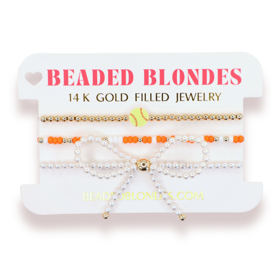 Softball + Orange and White Sprinkle Bracelet + Pearl Bow (Stack of 3)