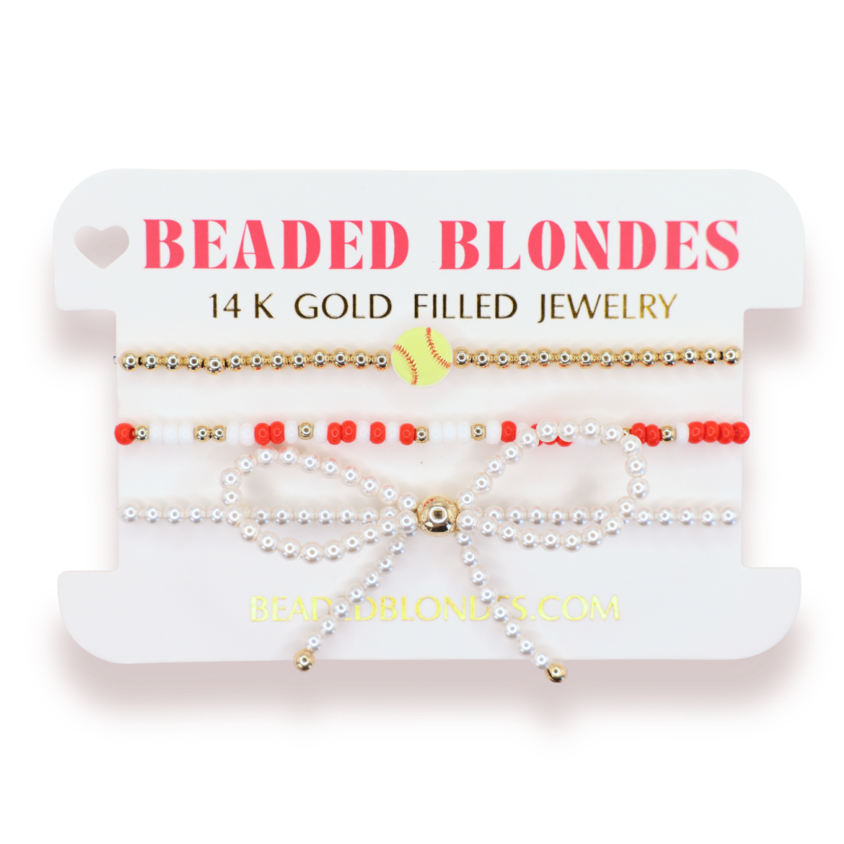 Softball + Bright Red and White Sprinkle Bracelet + Pearl Bow (Stack of 3)