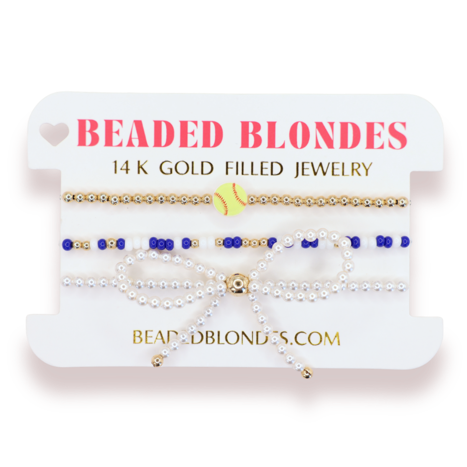 Softball + Cobalt Blue and White Sprinkle Bracelet + Pearl Bow (Stack of 3)