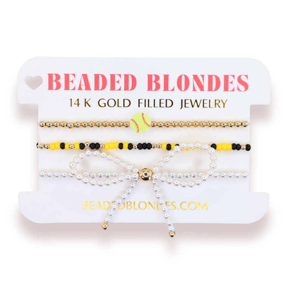 Softball + Yellow and Black Sprinkle Bracelet + Pearl Bow (Stack of 3)