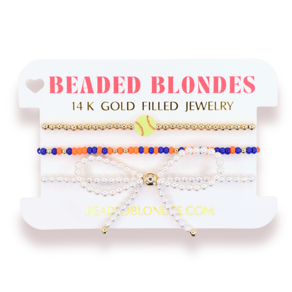 Softball + Cobalt Blue and Orange Sprinkle Bracelet + Pearl Bow (Stack of 3)