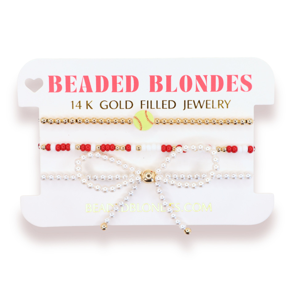 Softball + Crimson Red and White Bracelet + Pearl Bow (Stack of 3)