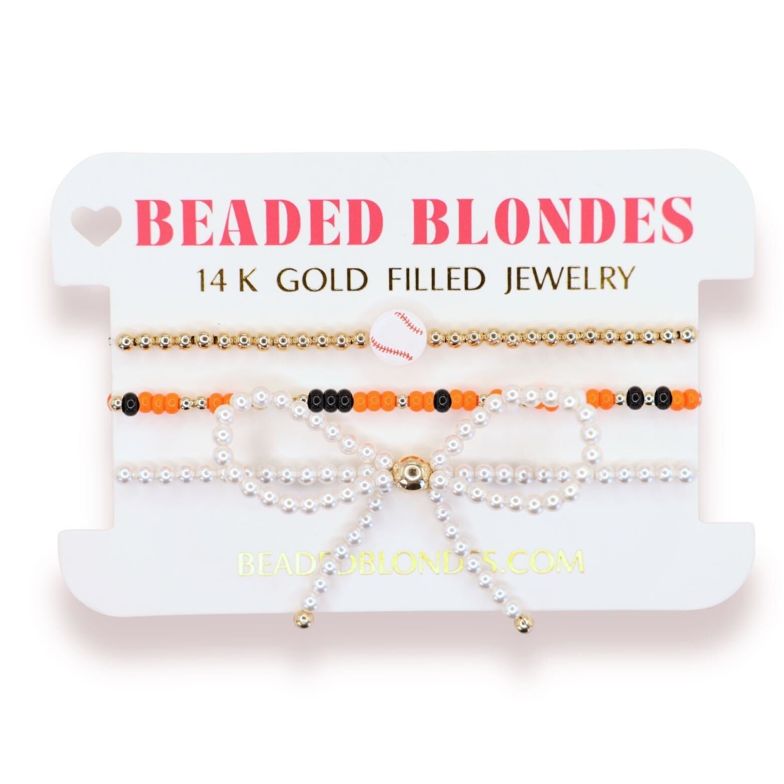 Baseball + Orange and Black Sprinkle Bracelet + Pearl Bow (Stack of 3)