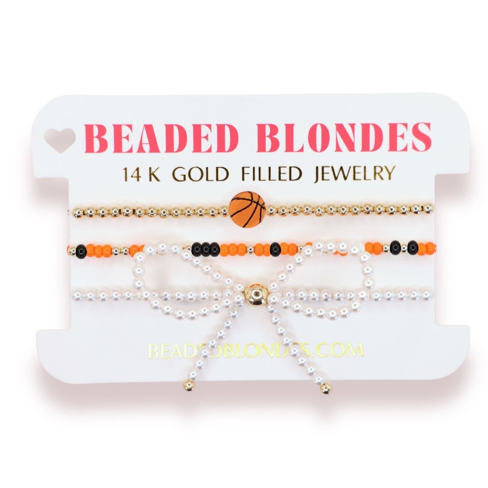 Basketball + Orange and Black Sprinkle Bracelet + Pearl Bow (Stack of 3)