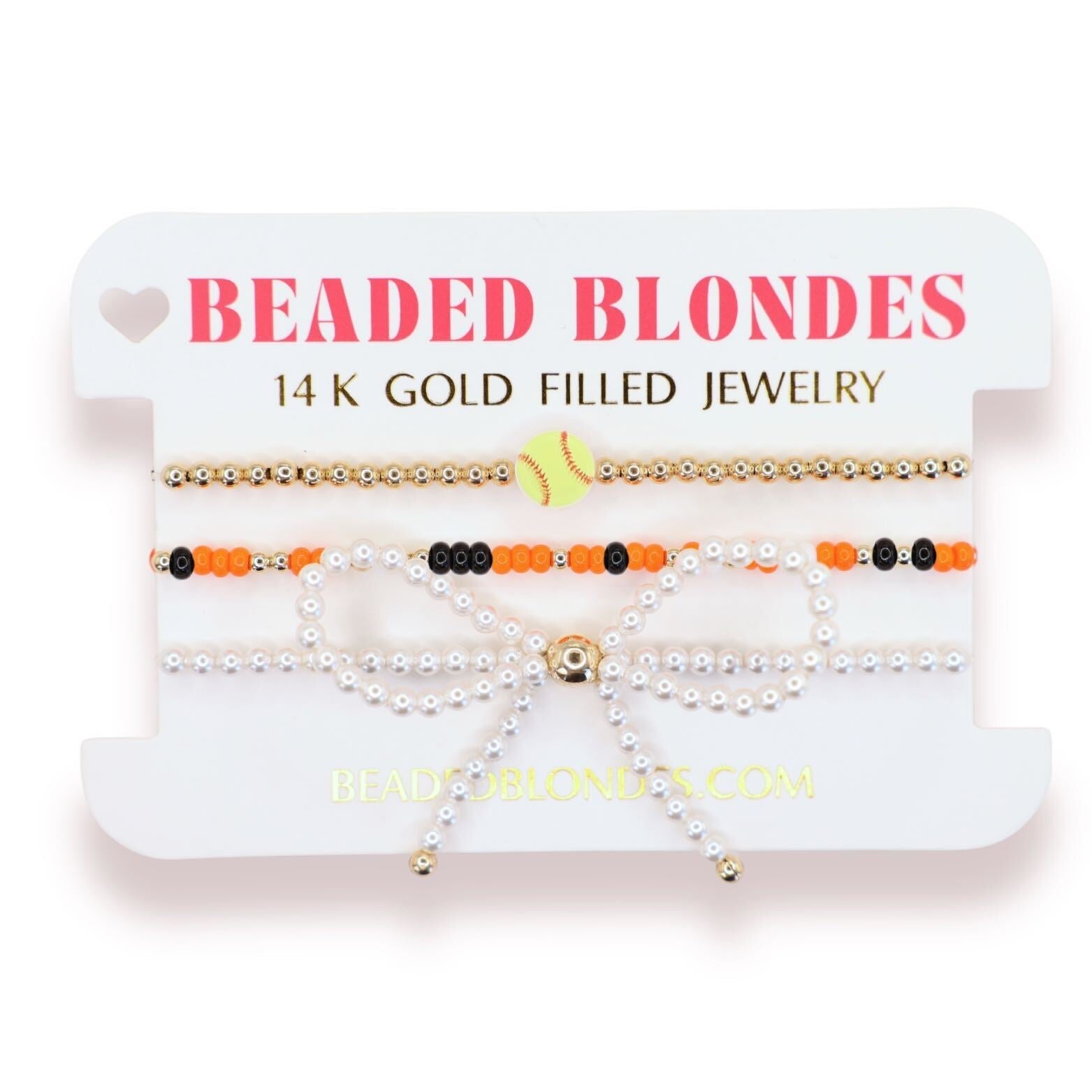 Softball + Orange and Black Sprinkle Bracelet + Pearl Bow (Stack of 3)