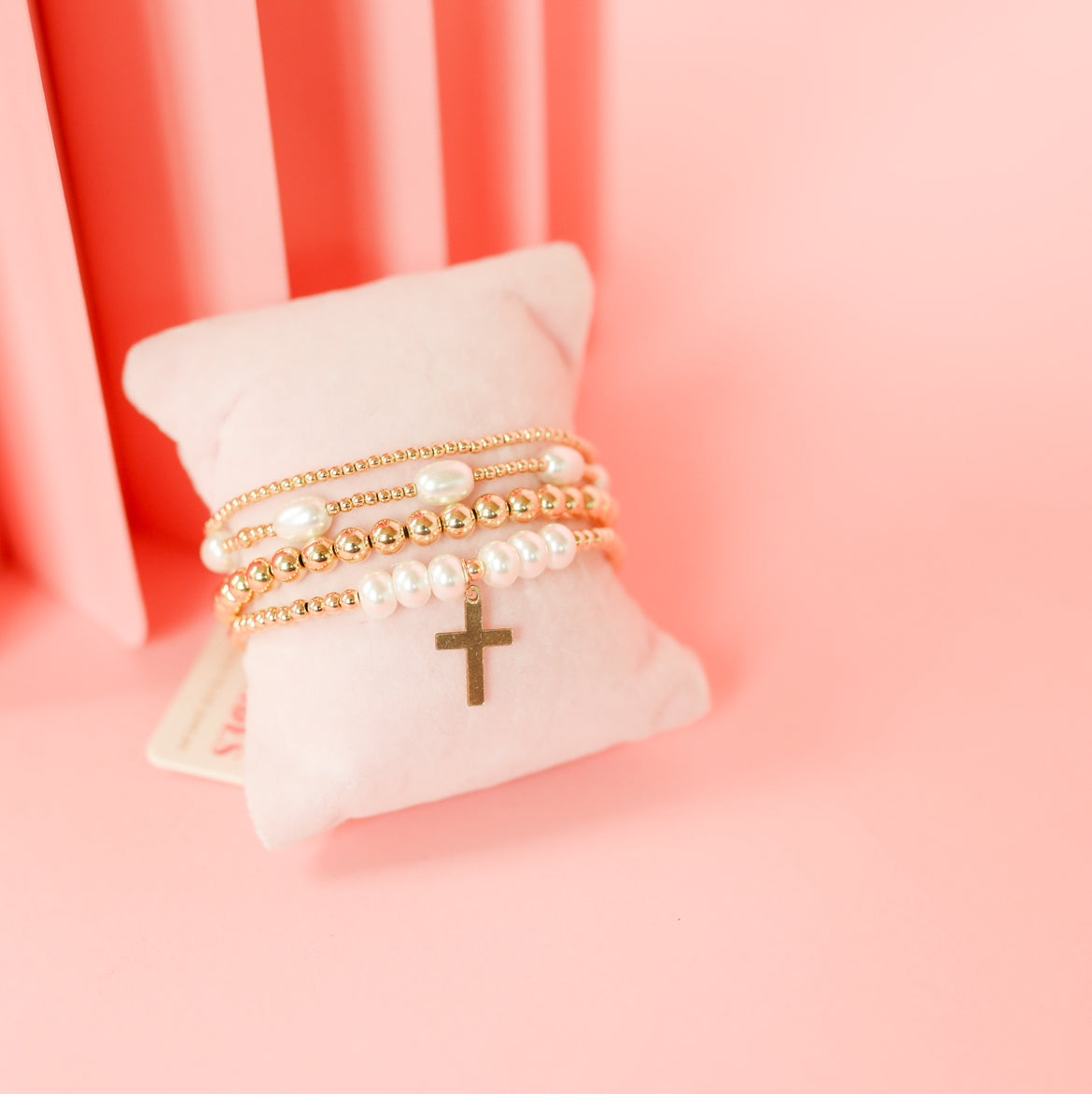 Cross + Pearl Gold Charm Bracelet