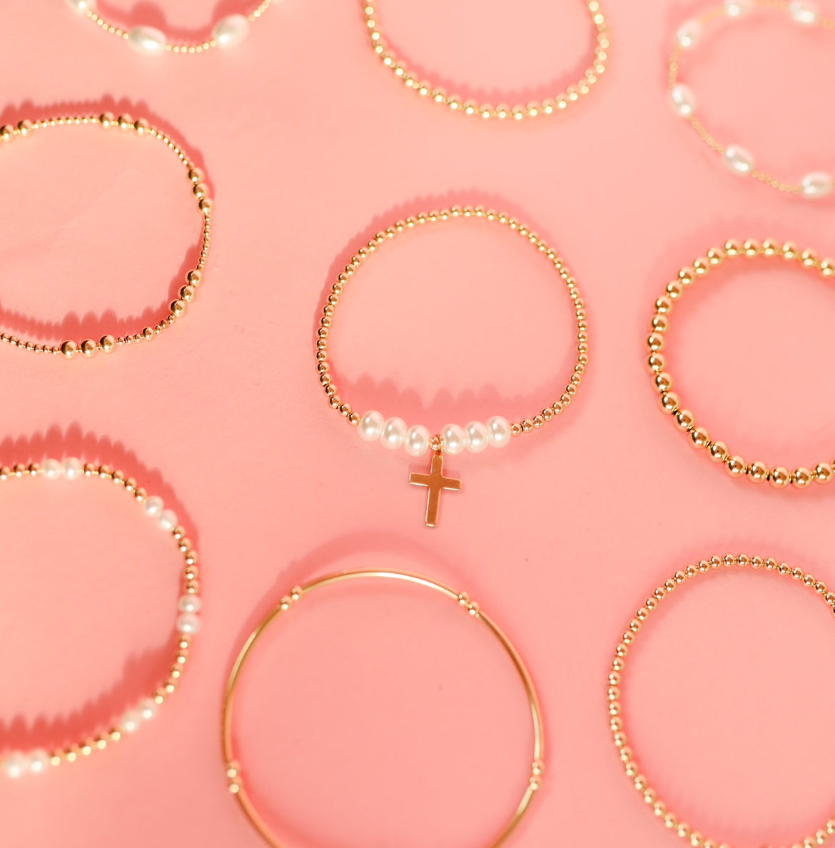Cross + Pearl Gold Charm Bracelet