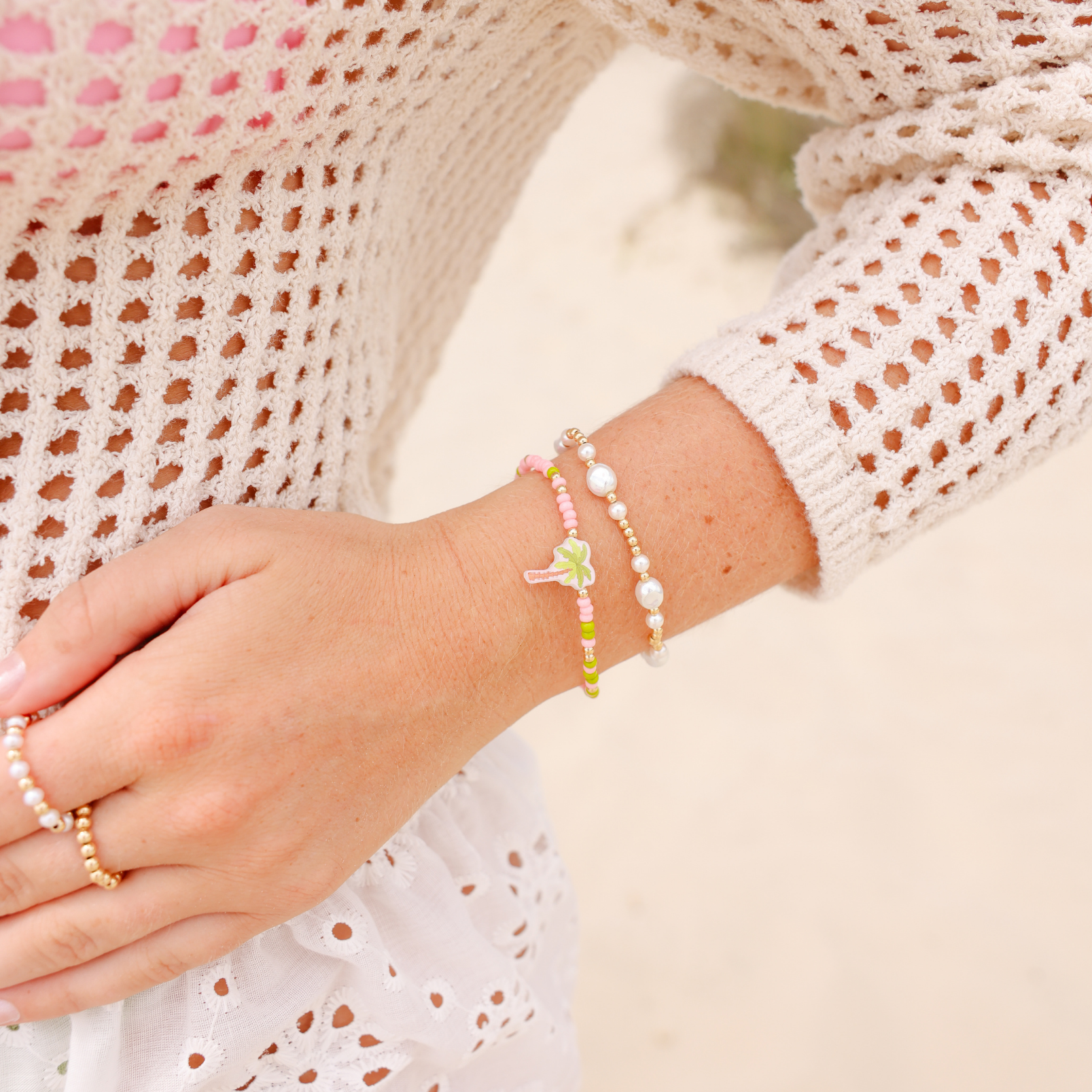 Palm Tree Bracelet + Lana Pearl Bracelet Stack of 2