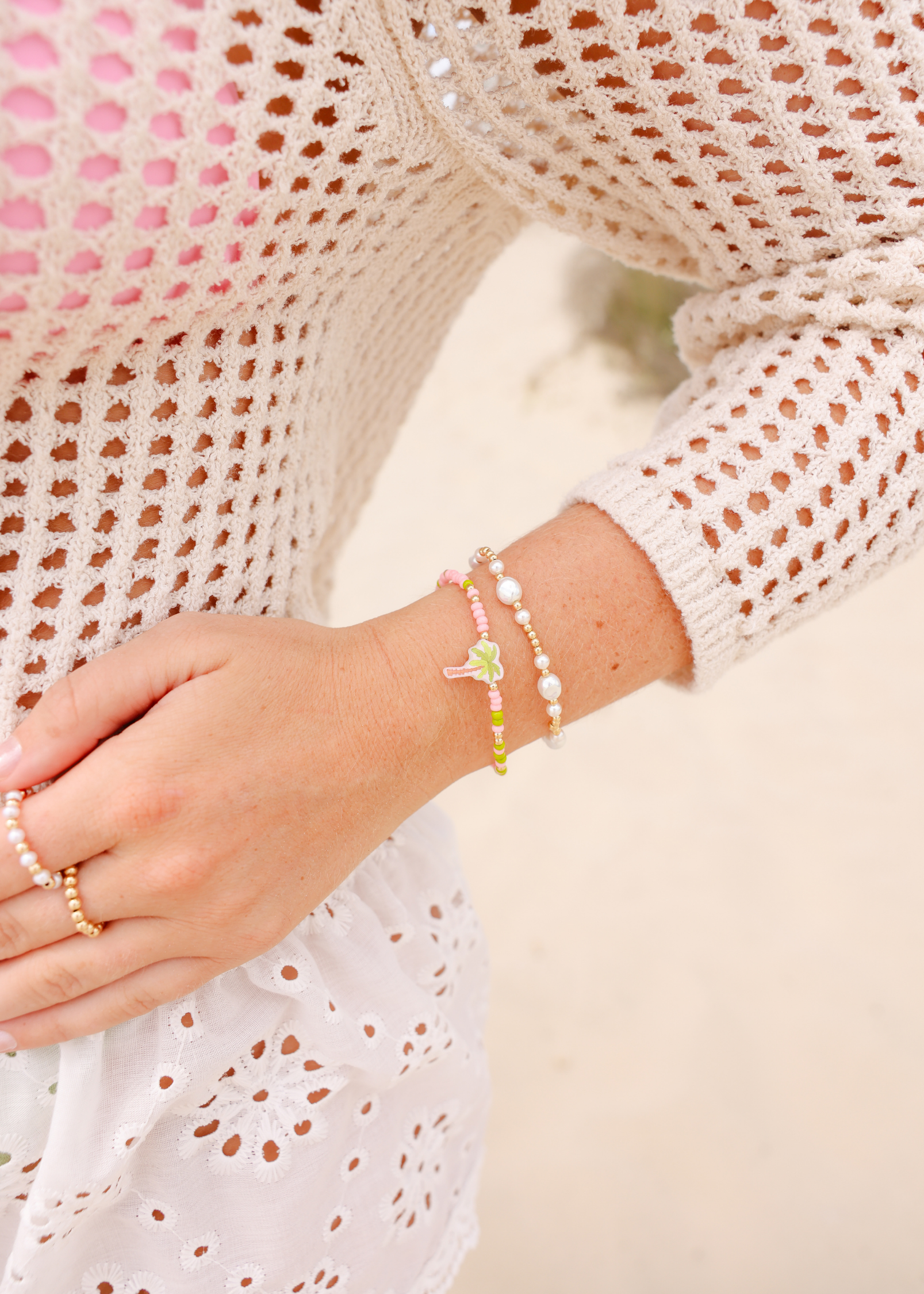 Palm Tree Bracelet + Lana Pearl Bracelet Stack of 2