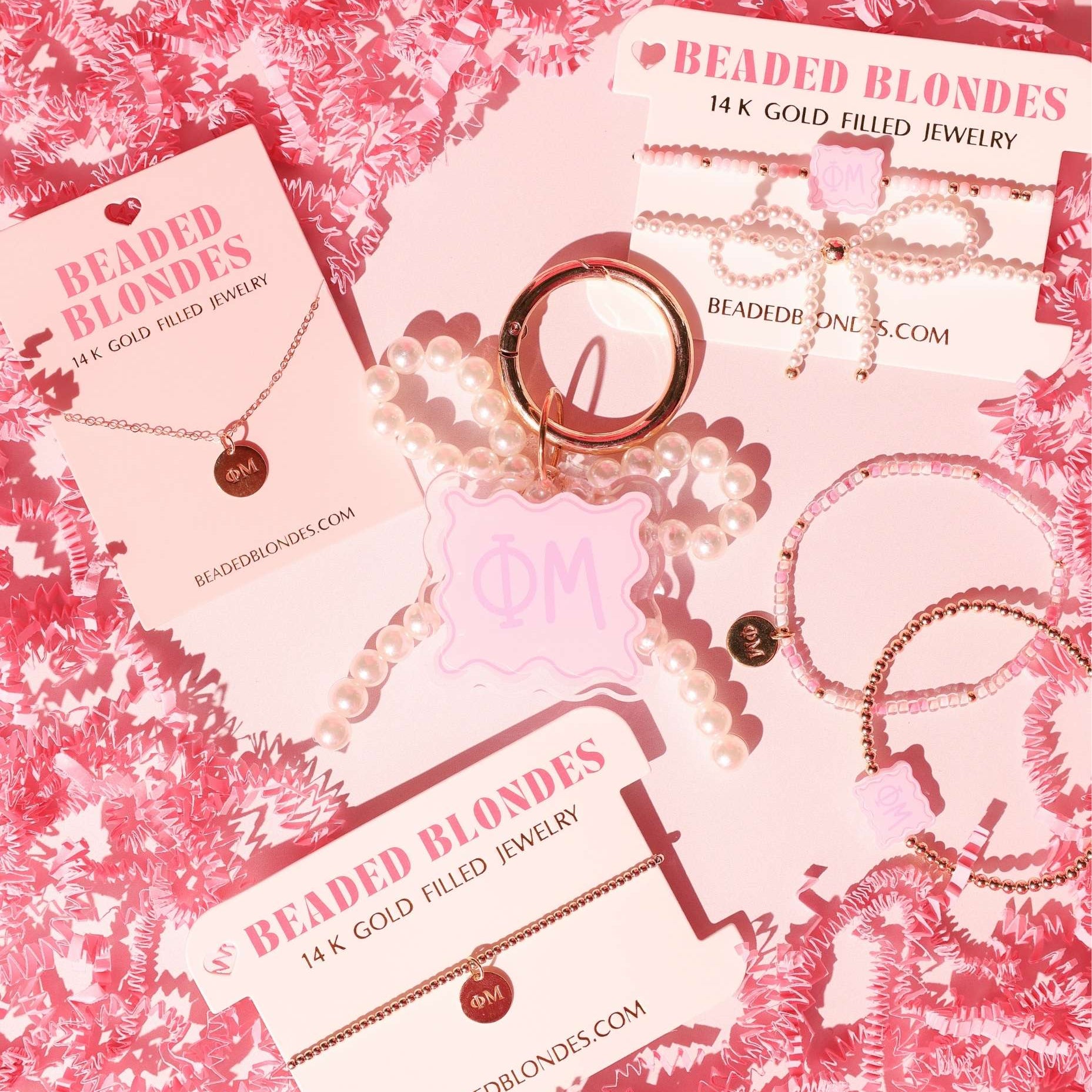 Phi Mu Block Bracelet + Pearl Bow Stack of 2