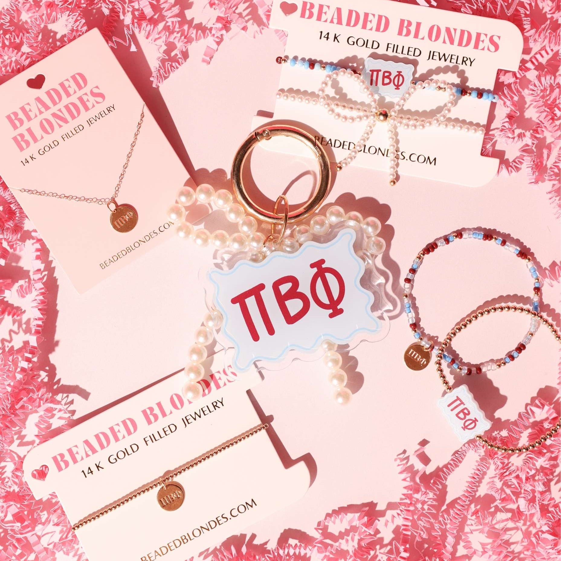 Pi Beta Phi Block Bracelet + Pearl Bow Stack of 2