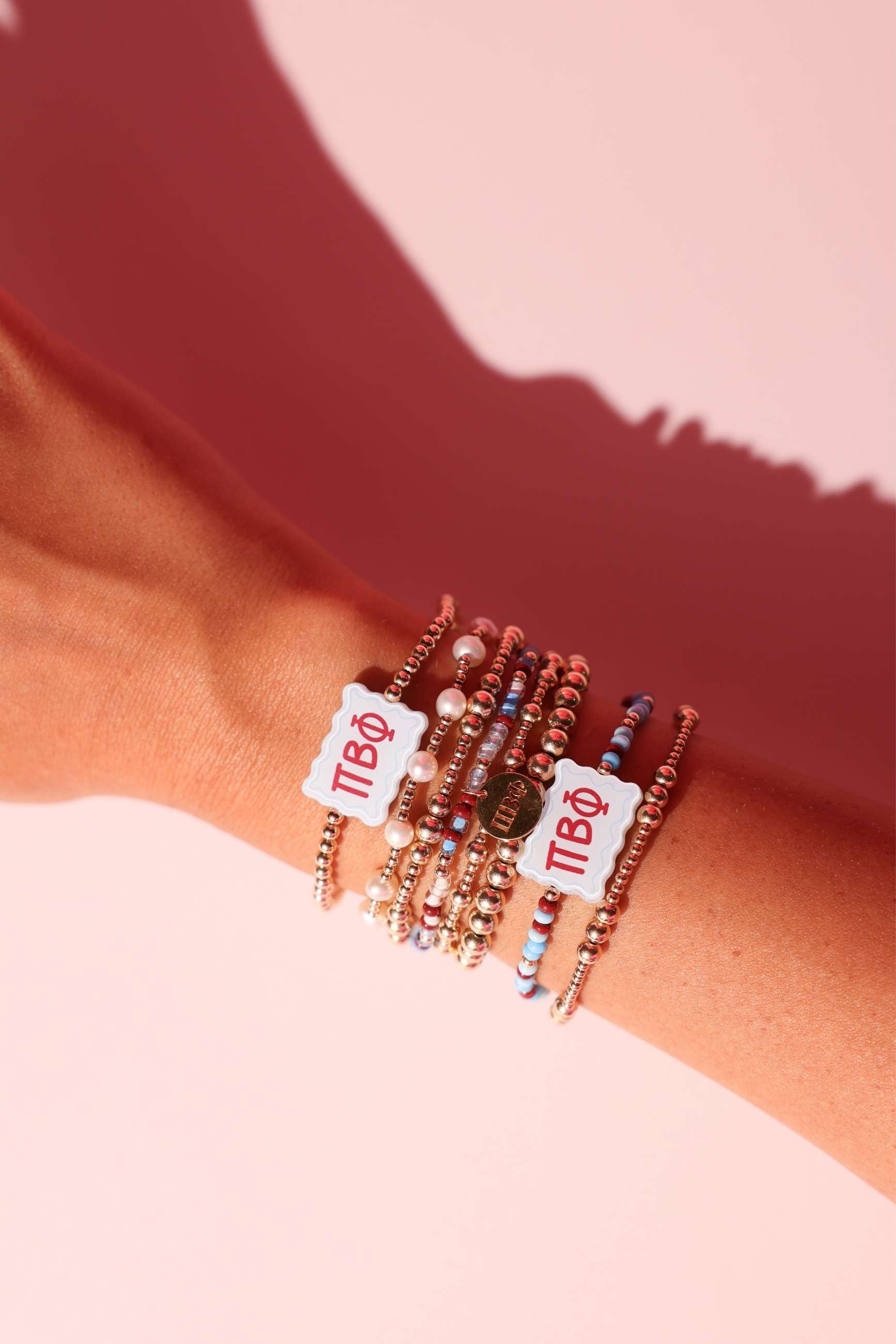 Pi Beta Phi Block Bracelet + Pearl Bow Stack of 2