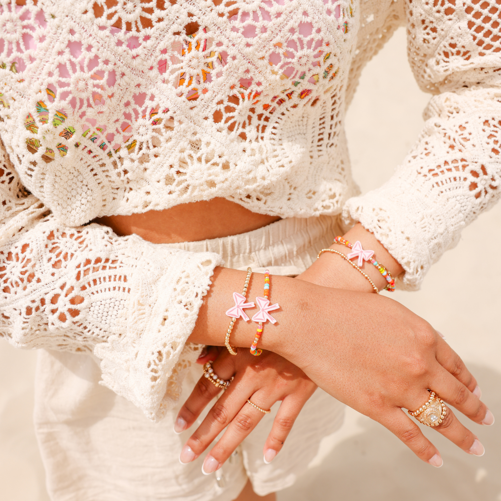 Red Bow Bracelet + Dainty June Bracelet Stack of 2