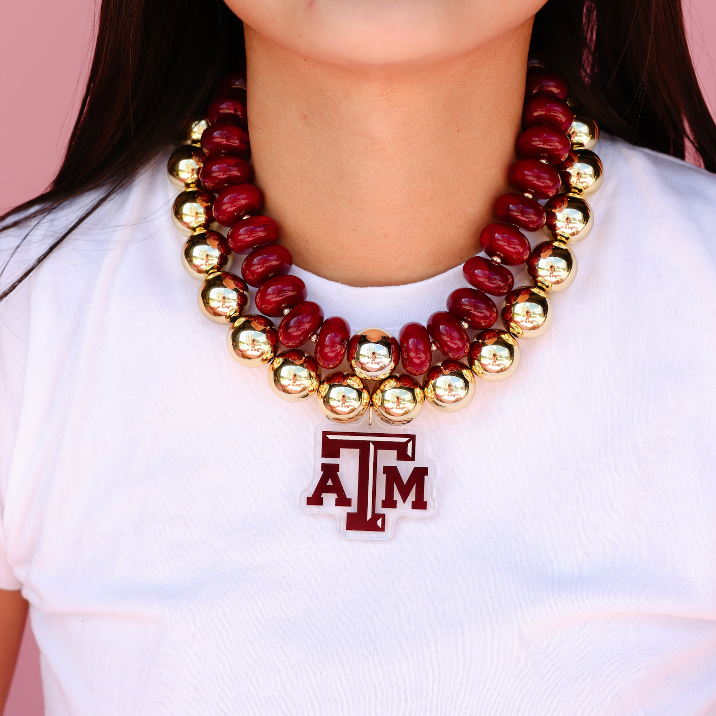 Texas A&M Logo Large Gold Beaded Necklace