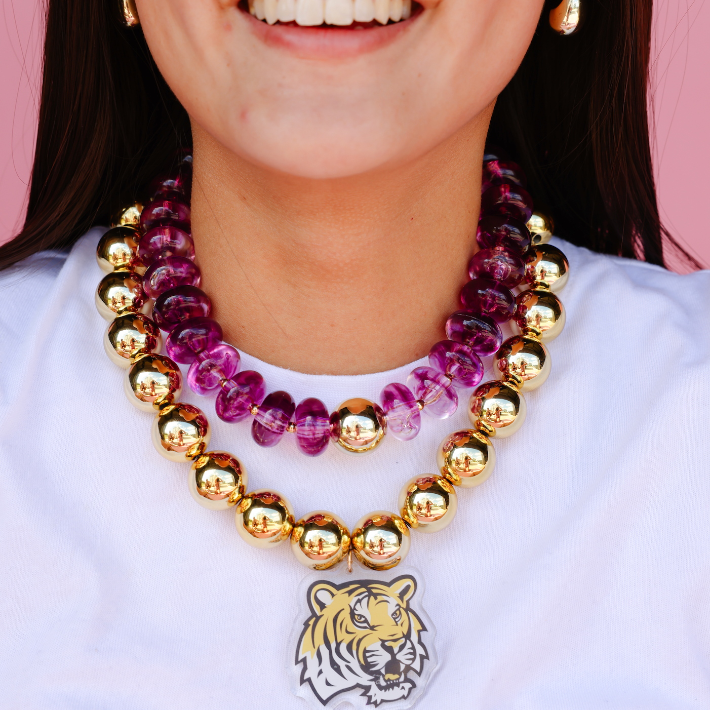 LSU Logo Large Gold Beaded Necklace