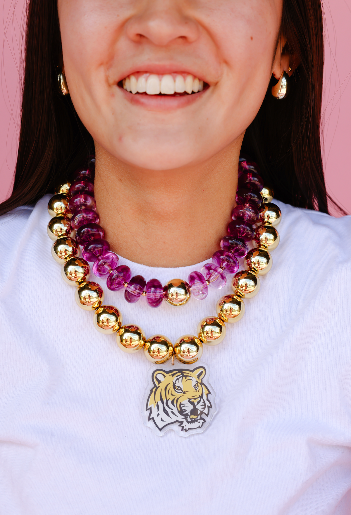 LSU Logo Large Gold Beaded Necklace