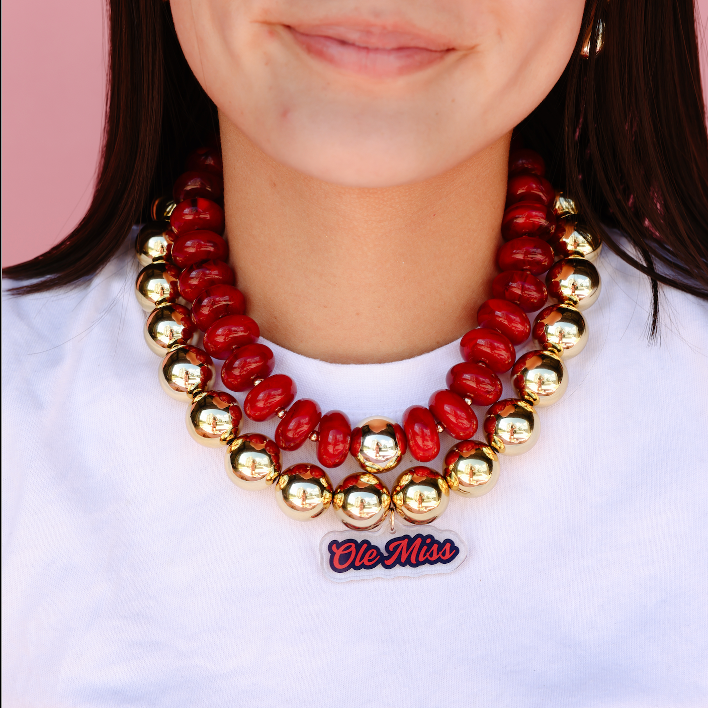Ole Miss Logo Large Gold Beaded Necklace