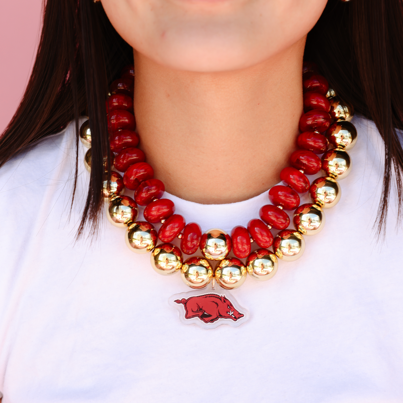 Arkansas Logo Large Gold Beaded Necklace