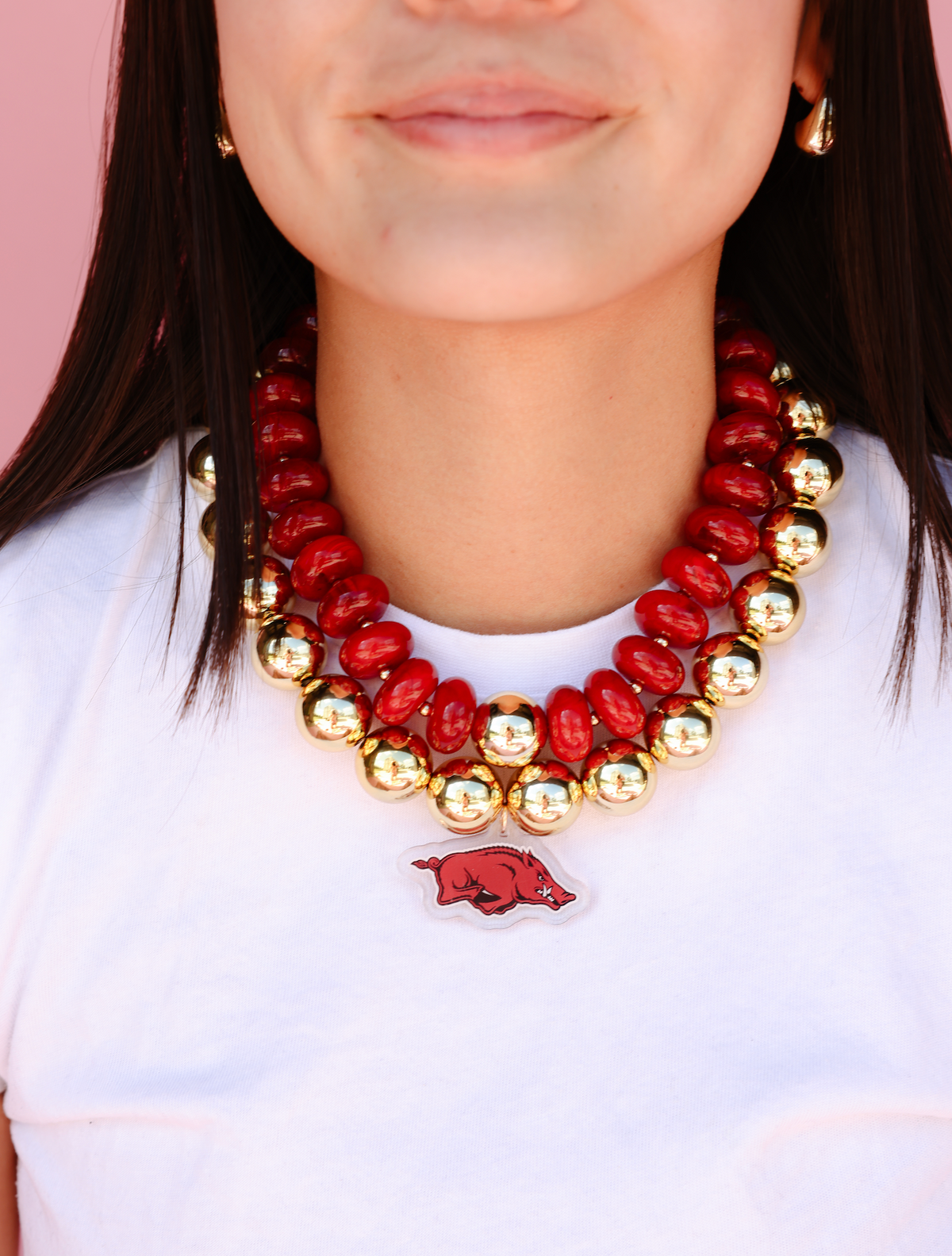 Arkansas Logo Large Gold Beaded Necklace