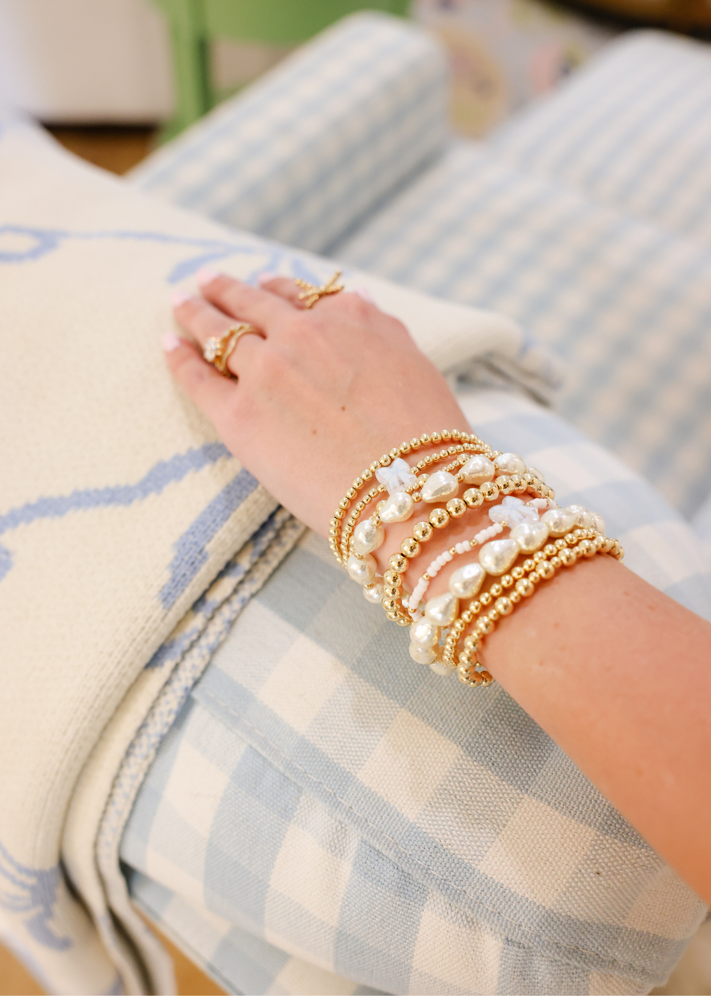 Blue Watercolor Bow Bracelet on Gold