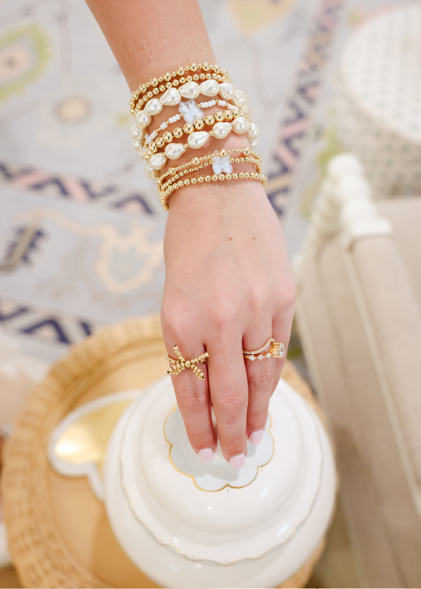 Blue Watercolor Bow Bracelet on Gold