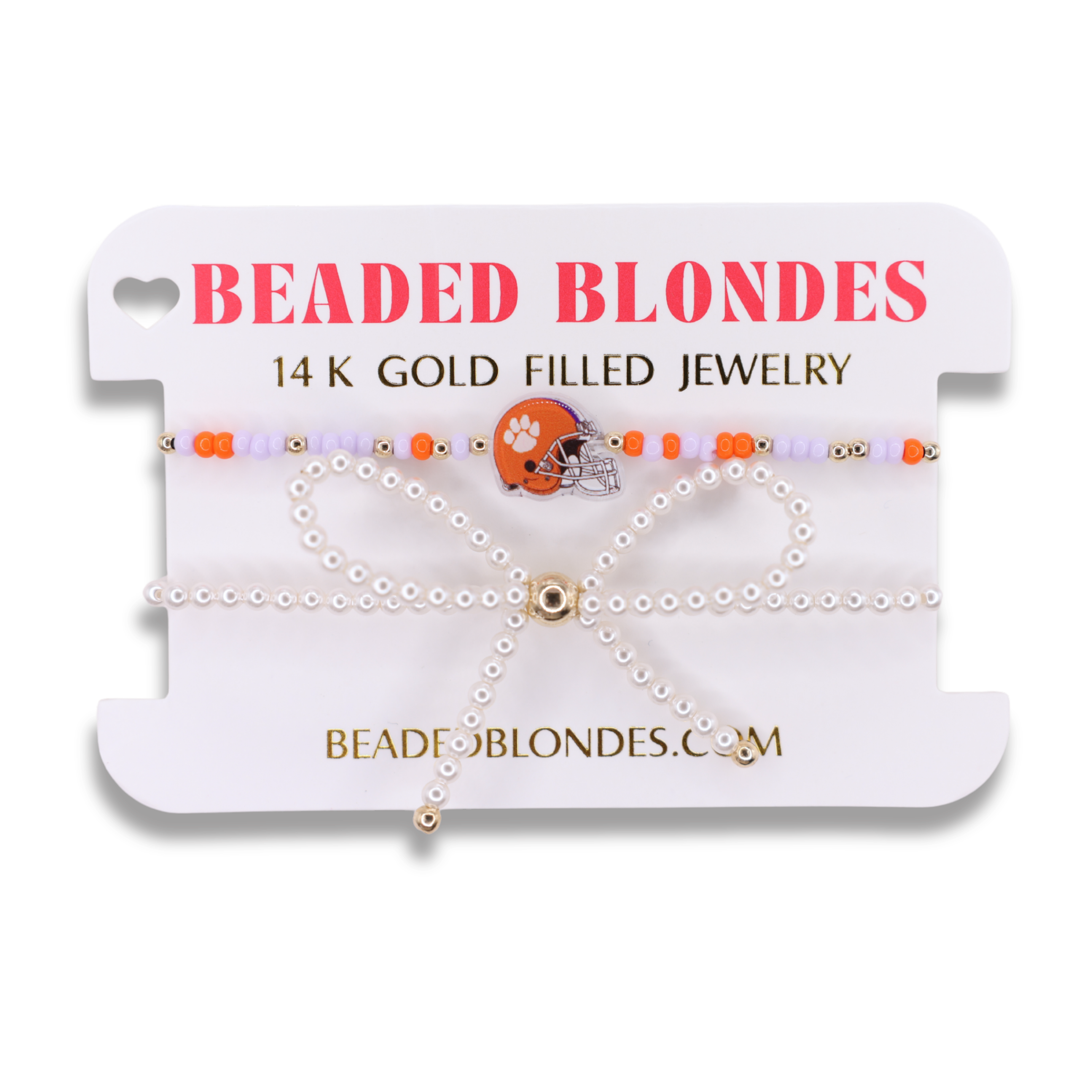 Clemson Helmet Bracelet + Pearl Bow Stack of 2