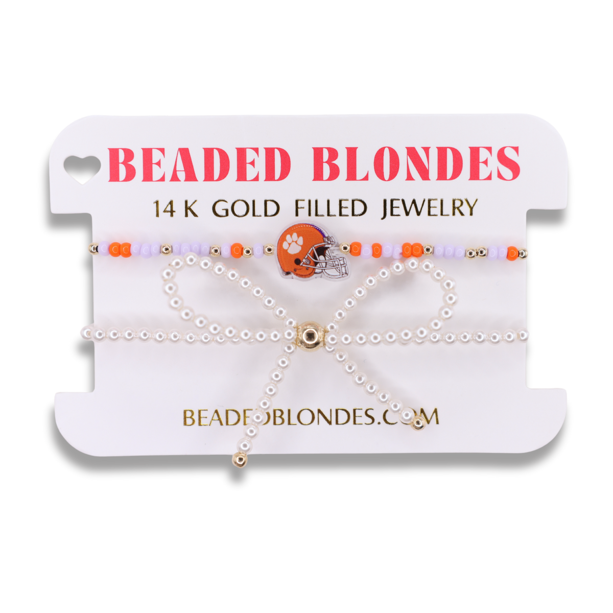 Clemson Helmet Bracelet + Pearl Bow Stack of 2